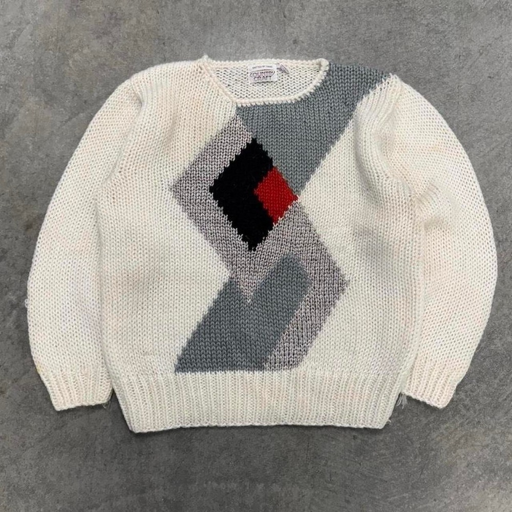80's Sweater Hand Knit Chunky Argyle Patterned Pullover Vintage Acrylic Nylon M